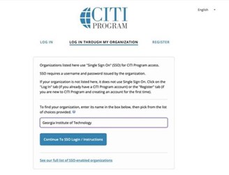 Image shows screenshot of CITI training search bar for users to find Georgia Tech. 